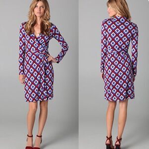 Diane Von Furstenberg NEW Jeanne Silk Red & Blue Geometric Wrap Dress Size 4